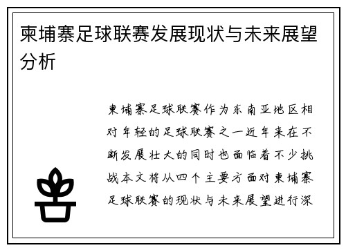 柬埔寨足球联赛发展现状与未来展望分析